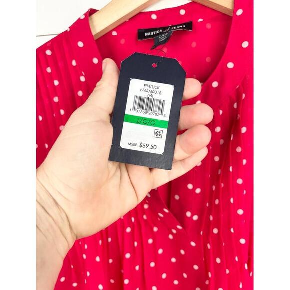 Nautica Jeans Red and White Polka Dot Pintuck Sleeve Pleated Blouse Size L - Picture 7 of 13
